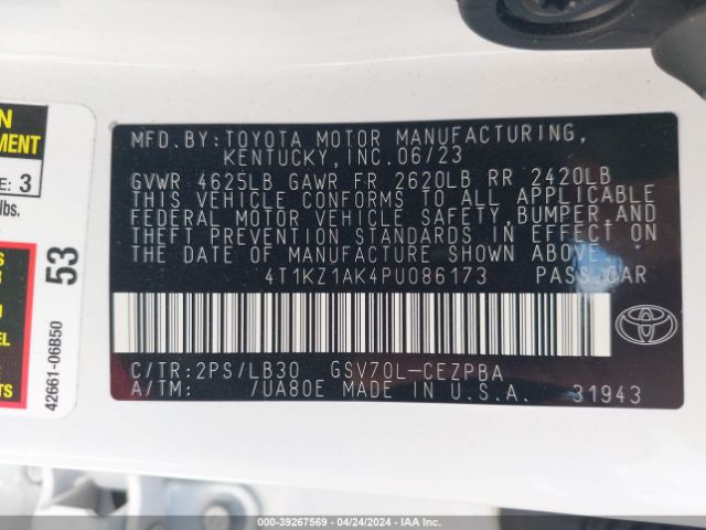 4T1KZ1AK4PU086173 Toyota Camry Xse V6