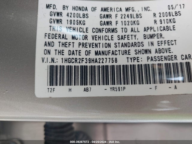 Honda ACCORD LX 2017 1HGCR2F39HA227758 Image 9