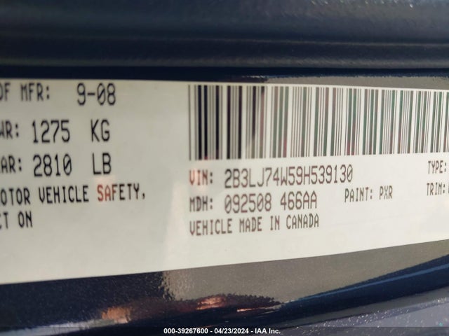 39267600 :رقم المزاد ، 2B3LJ74W59H539130 vin ، 2009 Dodge Challenger Srt8 مزاد بيع
