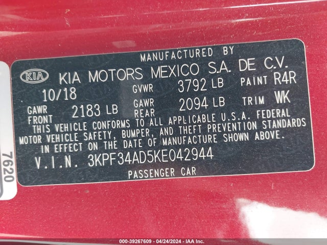 KIA FORTE S 2019 3KPF34AD5KE042944 Image 9