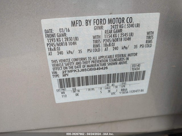 Ford EDGE SEL 2016 2FMPK3J85GBB49426 Image 9