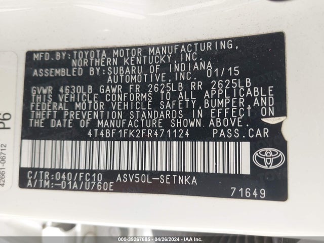Toyota CAMRY LE 2015 4T4BF1FK2FR471124 Image 9