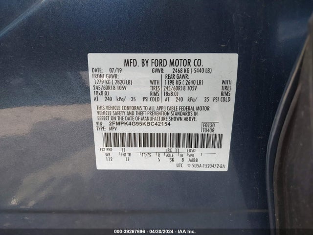 Ford EDGE SE 2019 2FMPK4G95KBC42154 Image 9