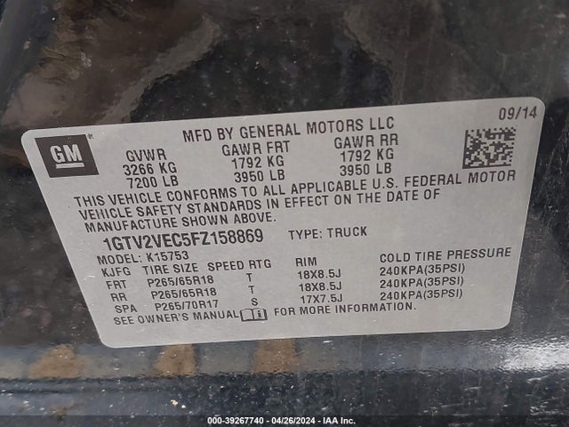 GMC Sierra 1500 Slt 2015 1GTV2VEC5FZ158869 Image 9
