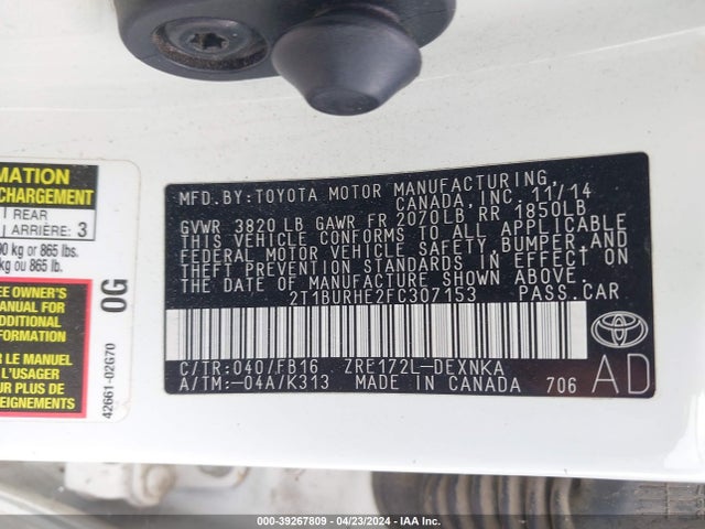 Toyota COROLLA LE 2015 2T1BURHE2FC307153 Image 9