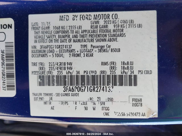 Ford FUSION S 2016 3FA6P0G71GR274137 Image 9