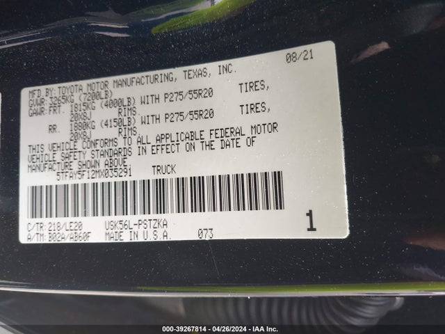 Toyota Tundra Platinum 2021 5TFAY5F12MX035291 Image 9