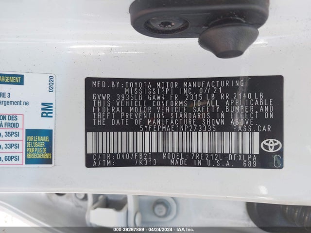 Toyota COROLLA LE 2022 5YFEPMAE1NP273335 Image 9
