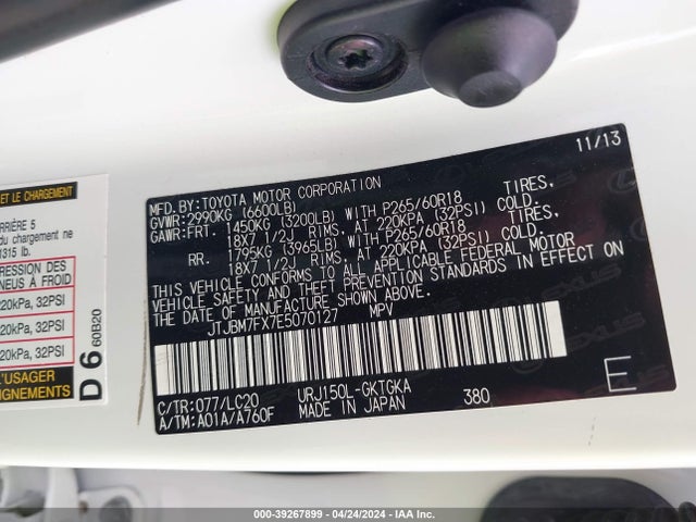 Lexus 460 2014 JTJBM7FX7E5070127 Image 9