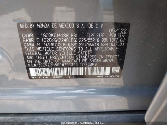 3CZRZ2H56PM701393 Honda Hr-v Awd Sport