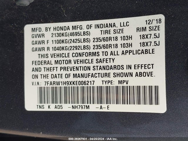 Honda Cr-v Touring 2019 7FARW1H9XKE006217 Image 9