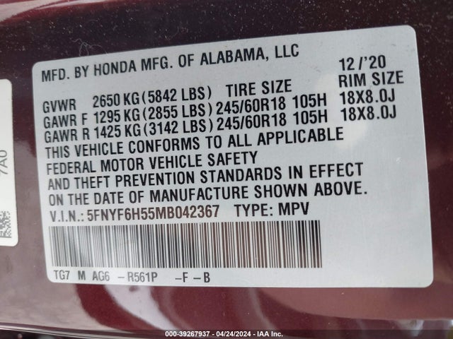 Honda Pilot Awd Ex-l 2021 5FNYF6H55MB042367 Image 9