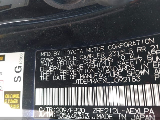 Toyota COROLLA LE 2020 JTDEPRAEXLJ092183 Image 9