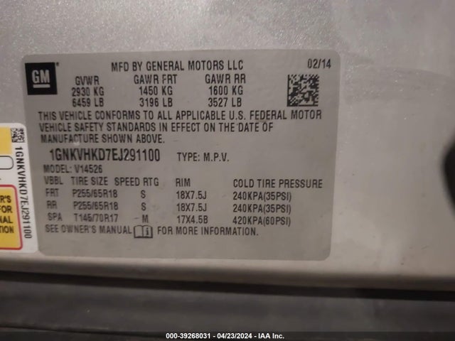 Chevrolet Traverse 2lt 2014 1GNKVHKD7EJ291100 Image 9