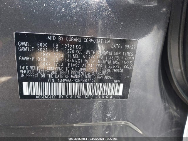 Subaru Ascent Premium 2022 4S4WMAEDXN3462924 Image 9