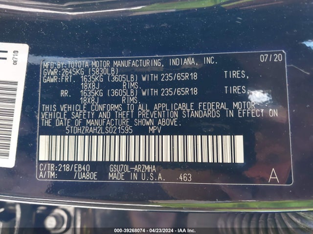 Toyota Highlander Xle 2020 5TDHZRAH2LS021595 Image 9