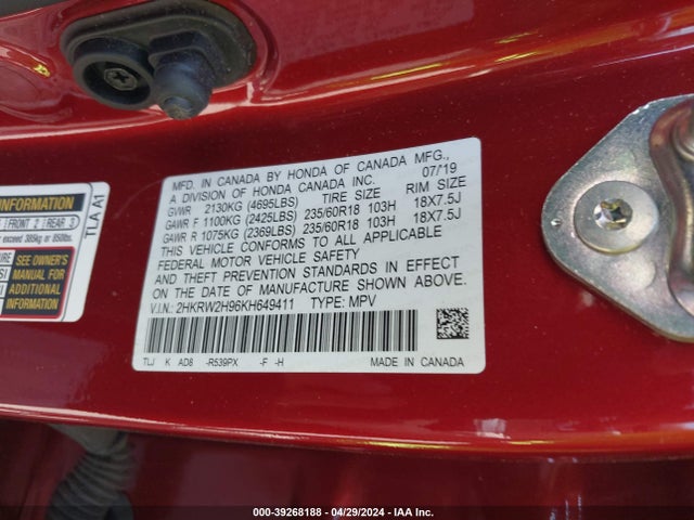 Honda Cr-v Touring 2019 2HKRW2H96KH649411 Image 9