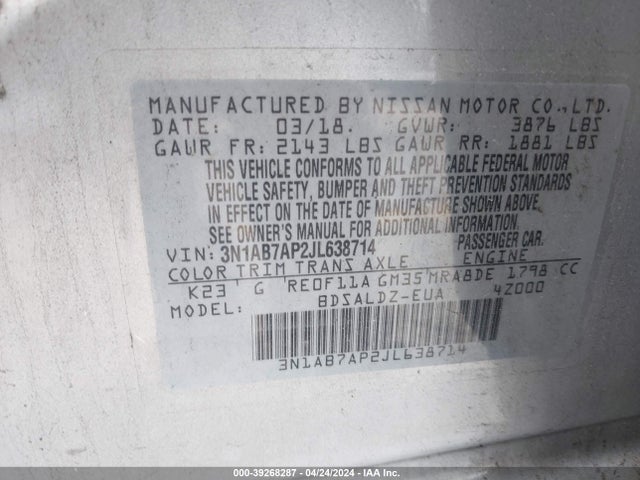 Nissan SENTRA SV 2018 3N1AB7AP2JL638714 Image 9