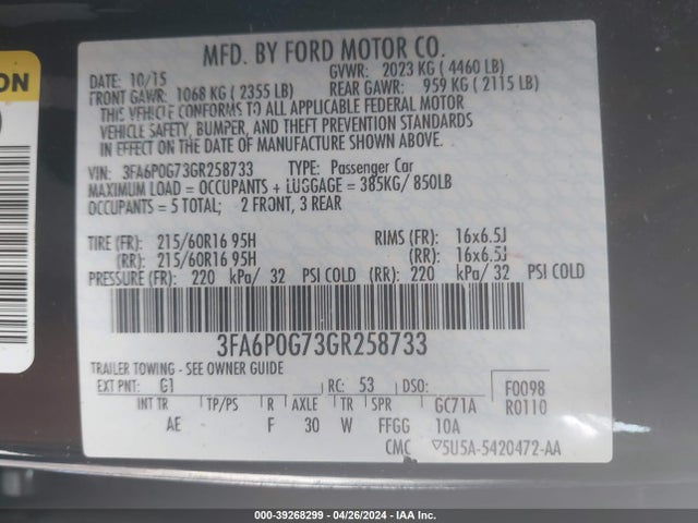 Ford FUSION S 2016 3FA6P0G73GR258733 Image 9