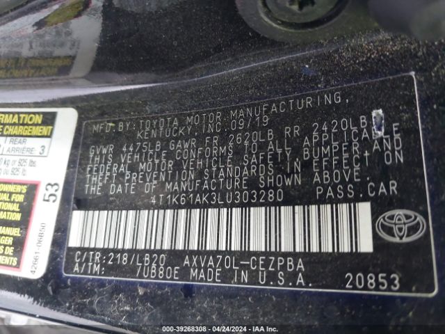 2020 TOYOTA CAMRY 4T1K61AK3LU303280 Photo 8