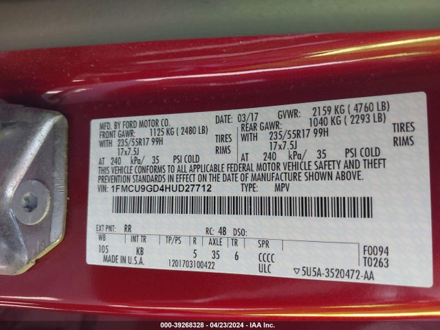 Ford ESCAPE SE 2017 1FMCU9GD4HUD27712 Image 9