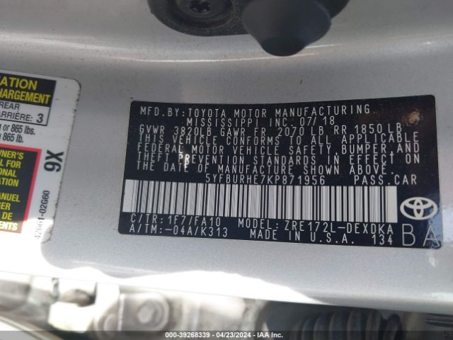 5YFBURHE7KP871956 Toyota COROLLA L