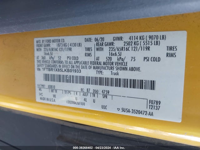 Ford Transit-250 2020 1FTBR1X85LKB01933 Image 9