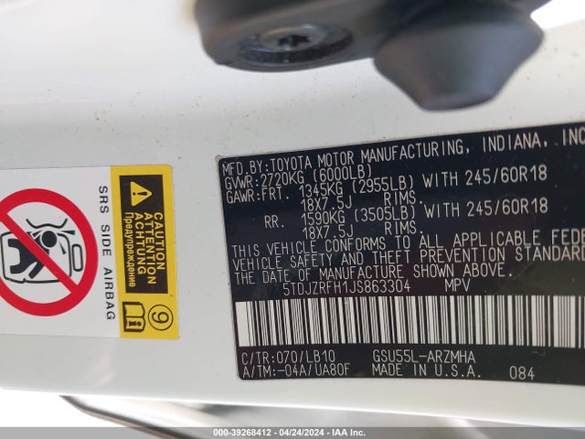 Toyota Highlander Xle 2018 5TDJZRFH1JS863304 Image 9