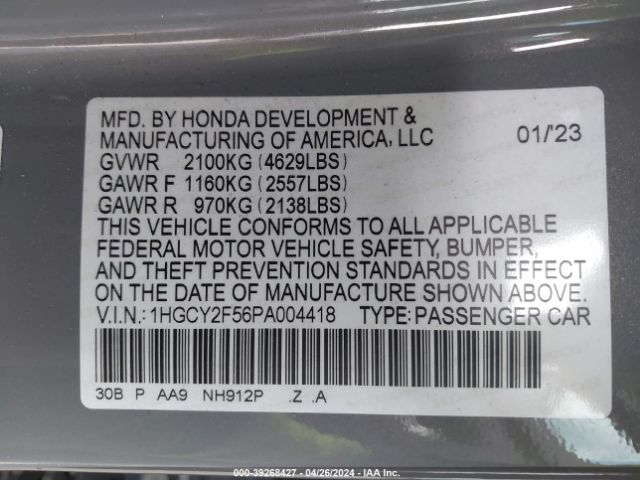 1HGCY2F56PA004418 Honda Accord Hybrid Sport