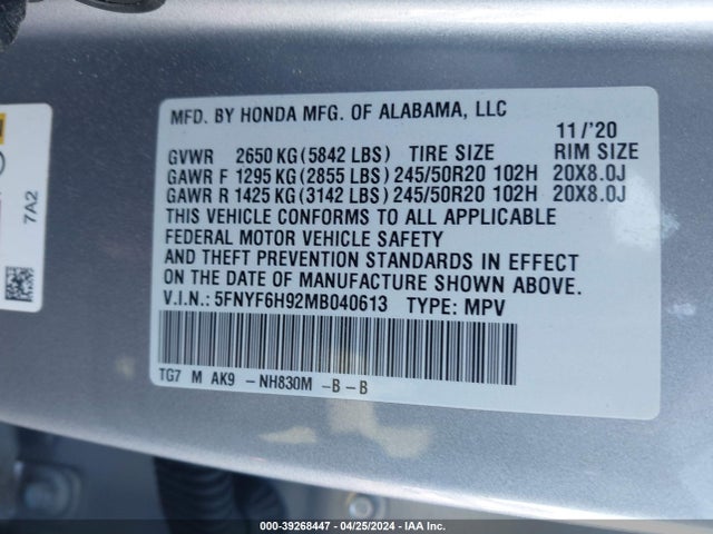 Honda Pilot Awd Touring 8 Passenger 2021 5FNYF6H92MB040613 Image 9