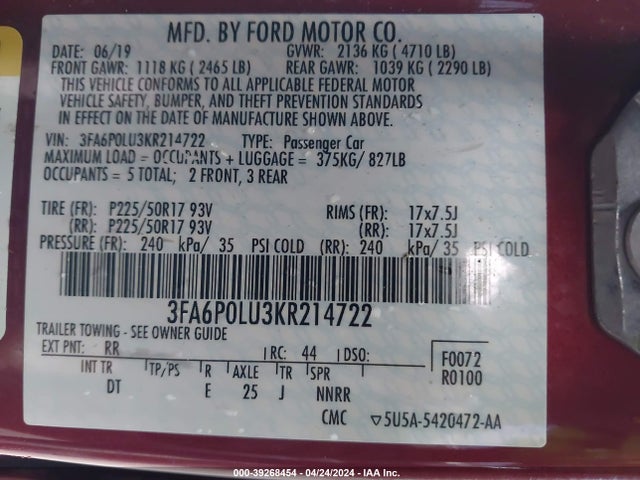 Ford Fusion Hybrid Se 2019 3FA6P0LU3KR214722 Image 9
