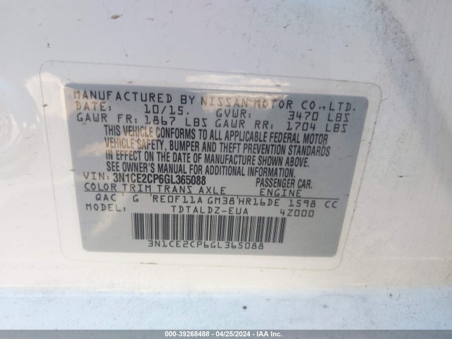 Nissan Versa Note S (sr)/s Plus/sl/sr/sv 2016 3N1CE2CP6GL365088 Image 9