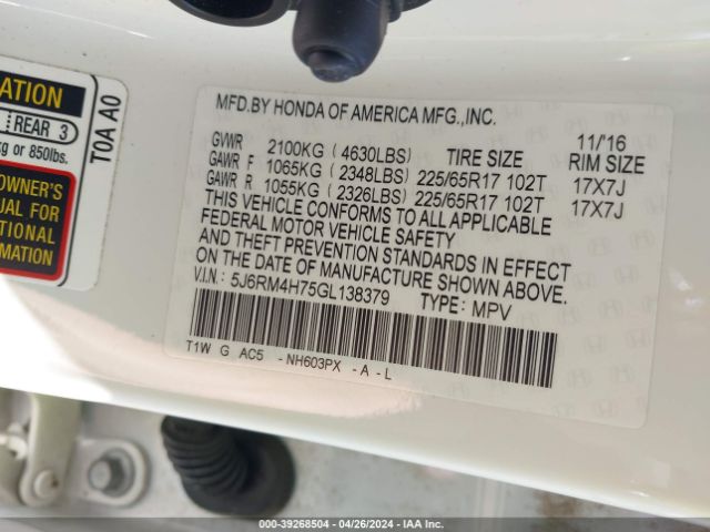 5J6RM4H75GL138379 Honda Cr-v Ex-l