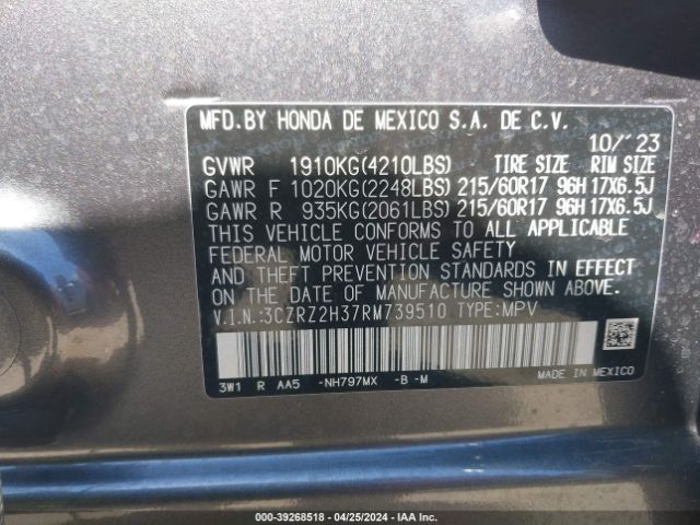 3CZRZ2H37RM739510 Honda Hr-v Awd Lx