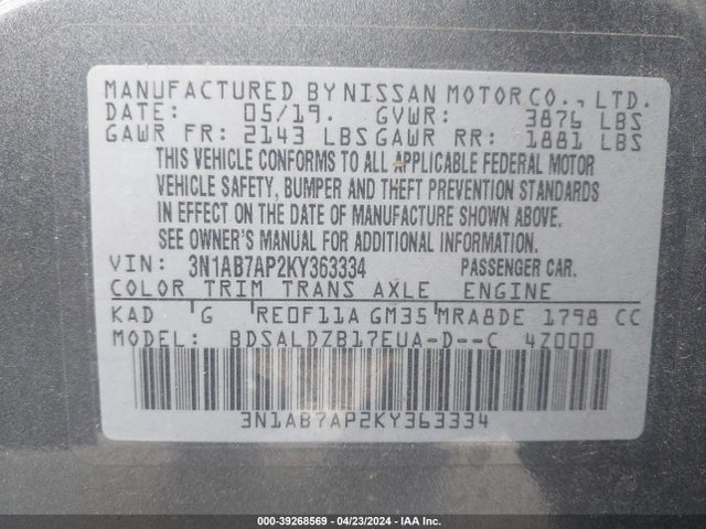 Nissan SENTRA SV 2019 3N1AB7AP2KY363334 Image 9