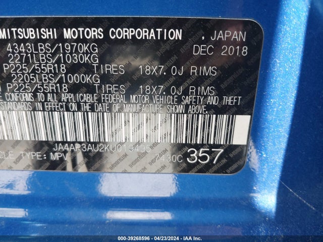 JA4AP3AU2KU019495 Mitsubishi Outlander Sport 2.0 Es