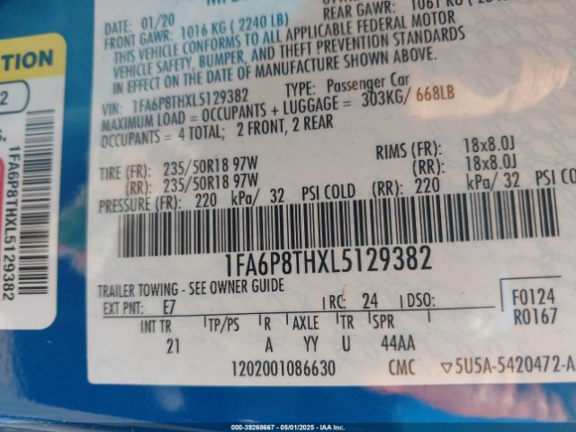 1FA6P8THXL5129382 Ford Mustang Ecoboost Fastback