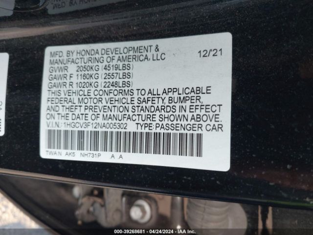1HGCV3F12NA005302 Honda ACCORD HYBRID
