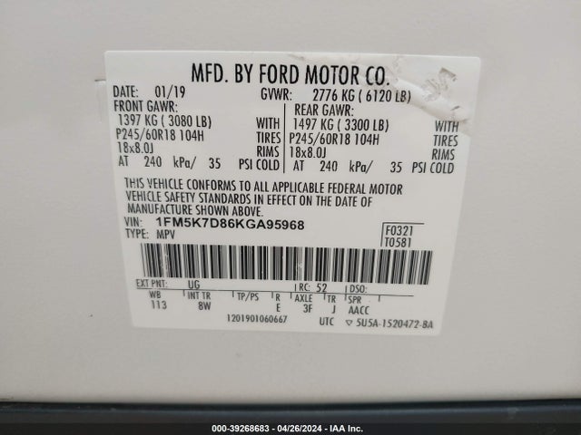 Ford EXPLORER XLT 2019 1FM5K7D86KGA95968 Image 9