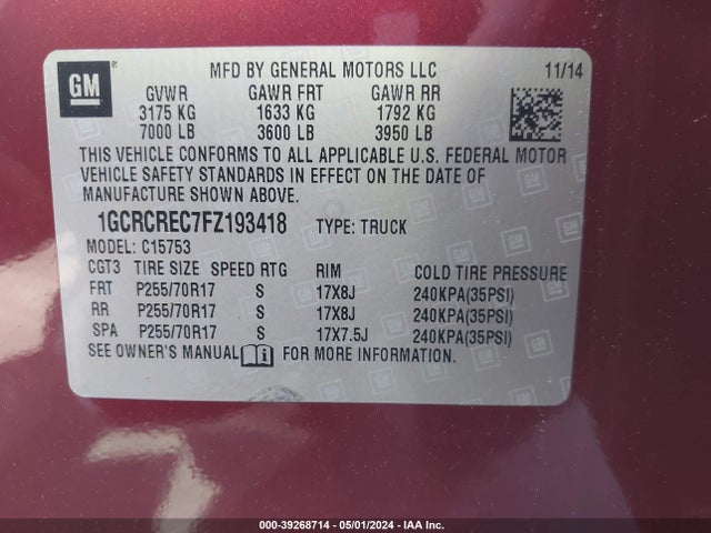 Chevrolet Silverado 1500 1lt 2015 1GCRCREC7FZ193418 Image 9
