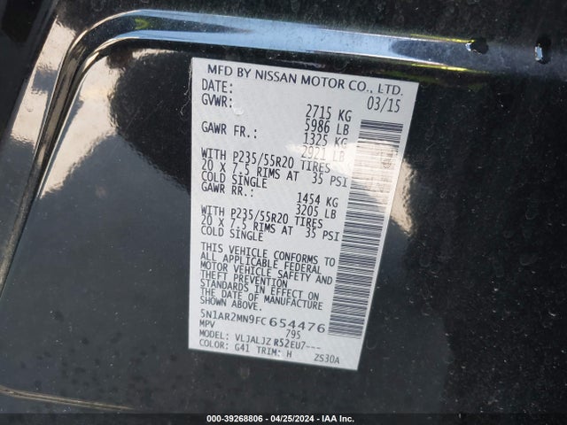 Nissan Pathfinder Platinum 2015 5N1AR2MN9FC654476 Image 9