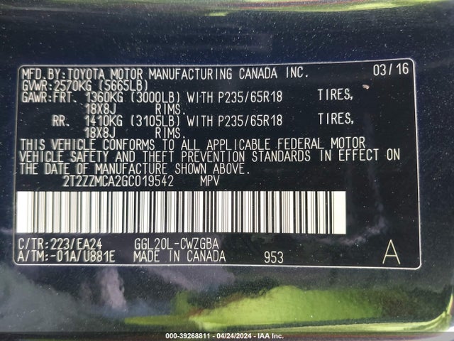 2T2ZZMCA2GC019542 Lexus RX 350