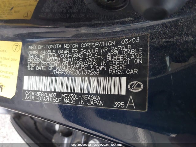 Aukcja sprzedaży 2003 Lexus Es 300, vin: JTHBF30G030137268, numer aukcji: 39269022