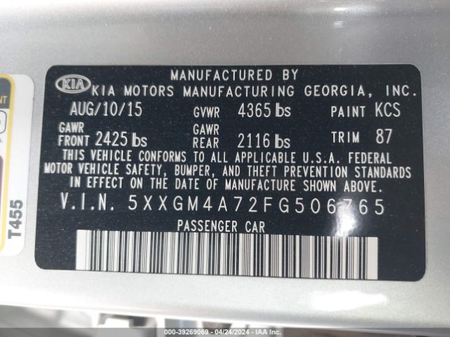 5XXGM4A72FG506765 KIA Optima Lx