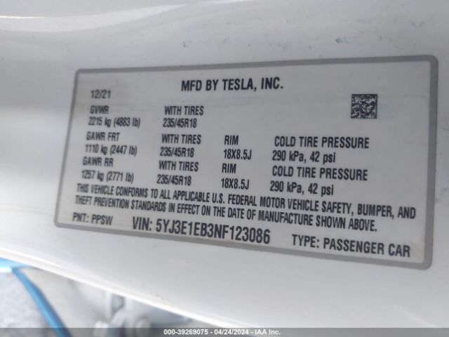 5YJ3E1EB3NF123086 Tesla Model 3 Long Range Dual Motor All-wheel Drive
