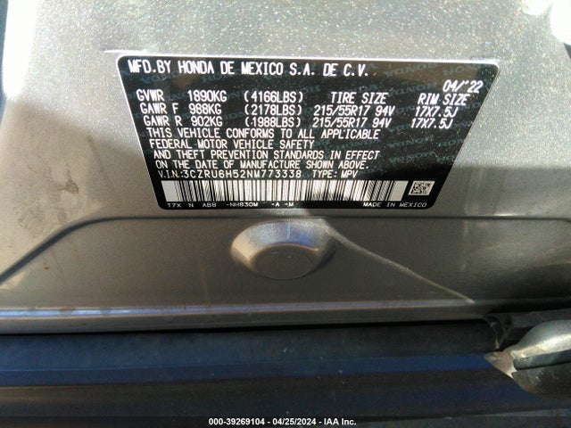 Honda Hr-v Awd Ex 2022 3CZRU6H52NM773338 Image 9