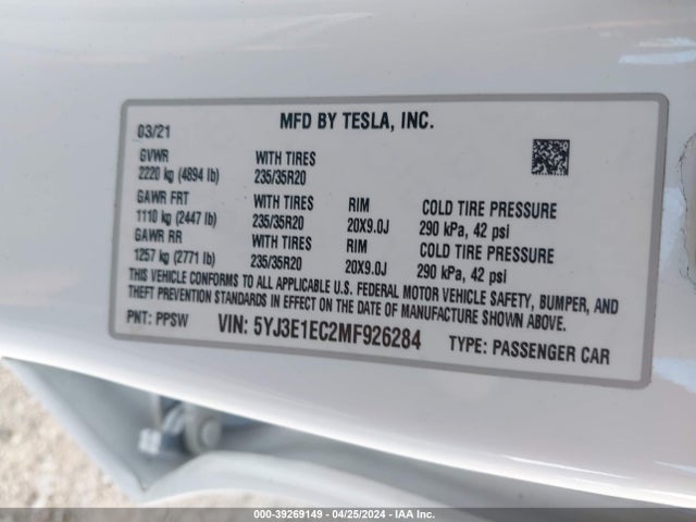 5YJ3E1EC2MF926284 Tesla Model 3 Performance Dual Motor All-wheel Drive