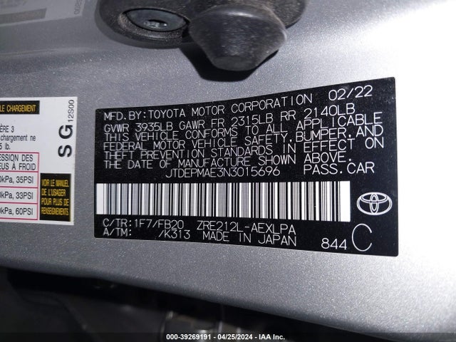 Toyota COROLLA LE 2022 JTDEPMAE3N3015696 Image 9