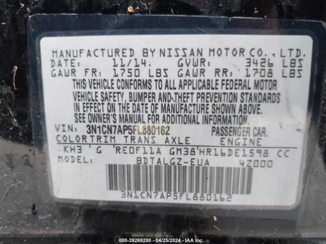 3N1CN7AP5FL880162 Nissan Versa 1.6 Sl