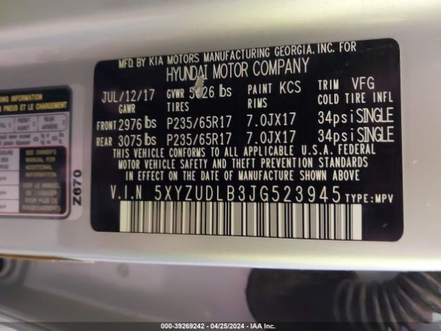 5XYZUDLB3JG523945 Hyundai Santa Fe Sport 2.4l